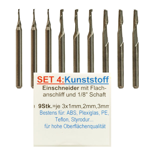SET4: 9 Stk. Kunststoff Frser Einschneider -  (je3x1mm,2mm,3mm) Flachanschliff
